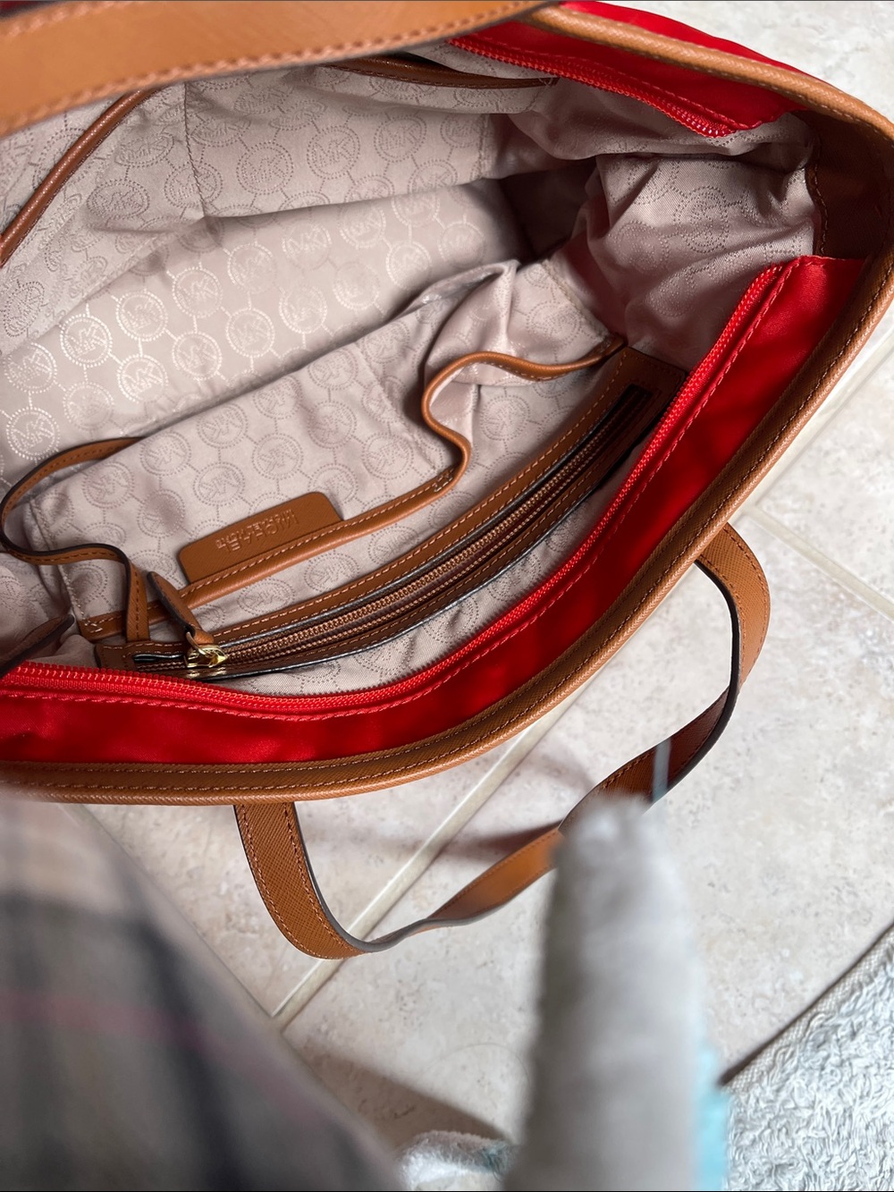 Michael Kors Red Nylon Tote with Brown Leather Trim and Gold Hardware - Picture 3 of 3